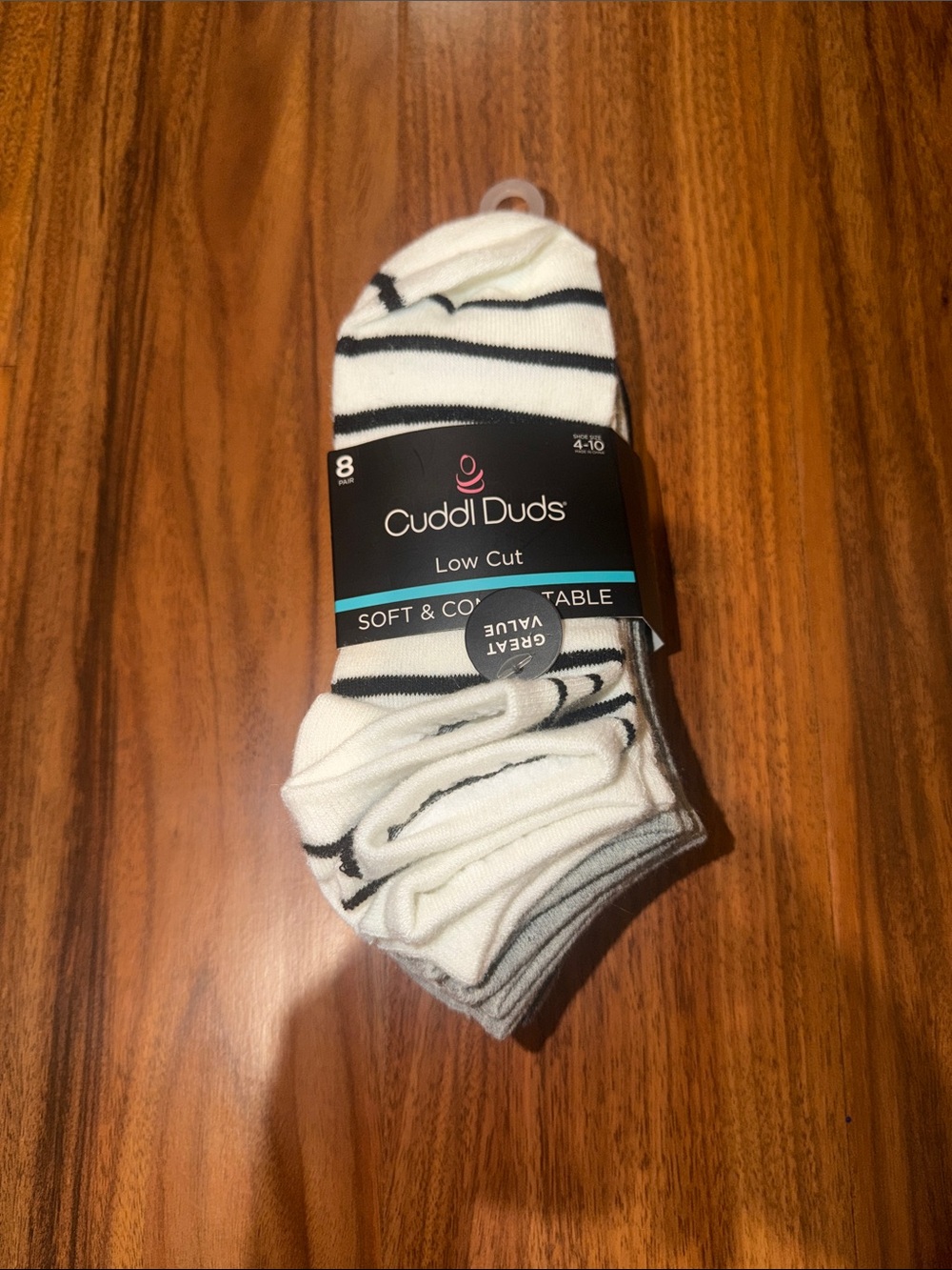 Cuddl Duds Low Cut White Socks with Black Stripes - 8 Pack